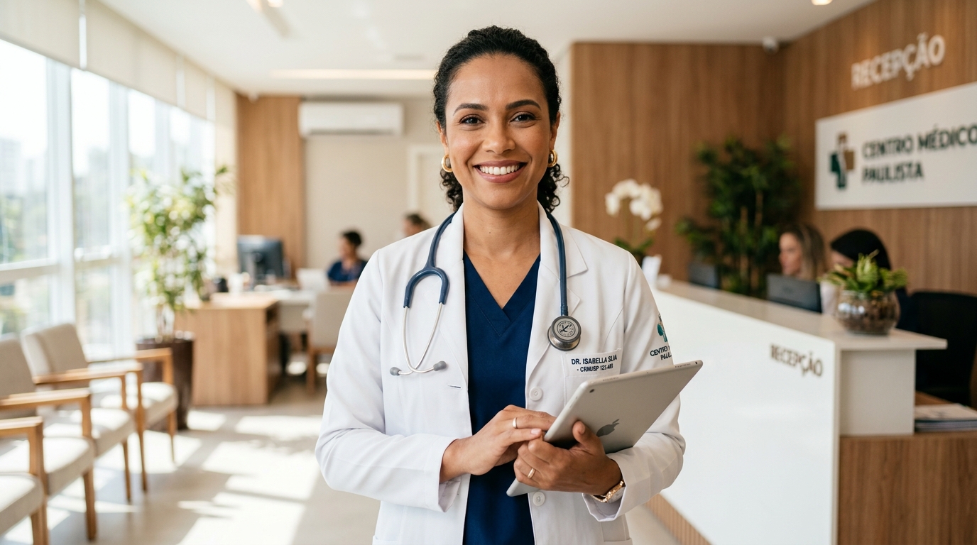 Médica profissional acolhedora prestando telemedicina